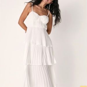 Cascading Crush White Tiered Bustier Midi Dress